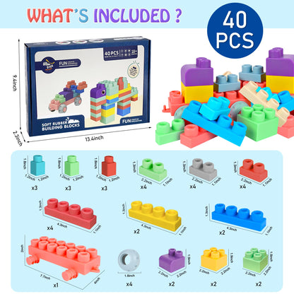 ROHSCE Soft Building Blocks for Toddlers, Large Building Blocks Stacking Blocks for Babies 6 Months and Up Stem Toddler Gifts, Teething Toys, 40 PCS