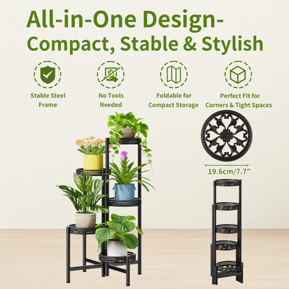 NQW Plant Stand Indoor Outdoor, 5 Tier Corner Metal Flower Display Holder Shelf, Folding Tall Rack for Patio Balcony Porch Garden Living Room House, Heavy Duty Wrought Iron Plant Shelf- BlackWave