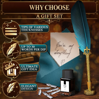 Vintage Feather Quill Pen and Ink Set - Elegant Blue Feather Pen and Ink Set for Signatures, Writing, and Drawing - Calligraphy Kit with Stainless Steel Nib for Beginners and Calligraphy Enthusiasts