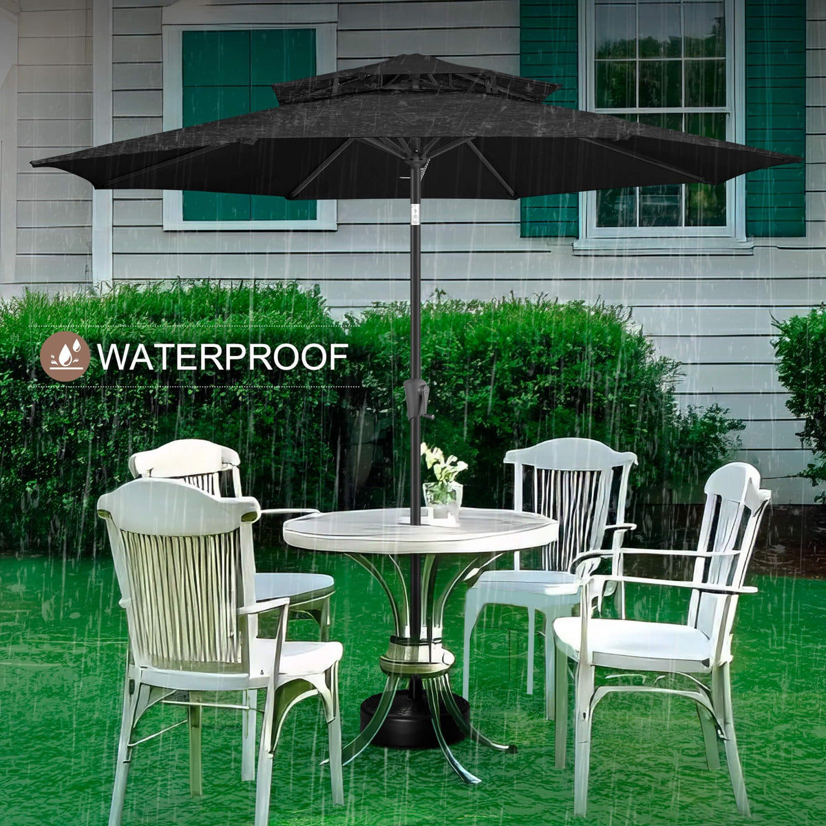 FLAME&SHADE 9ft Patio Umbrella - 2 Tiers Outdoor Umbrella with Push Button Tilt and Crank for UV Protection, Table Market Umbrella for Garden, Deck, Backyard, Pool and Beach(Black)