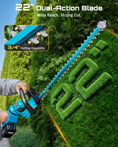 SEESII 22" Hedge Trimmer Cordless, 20V Electric Bush Trimmer with 2 Pcs 4000mAh Batteries & Charger, 180°Rotatable Handle, 3/4" Blade Gap, Debris Collector, Handheld Power Shrub Trimmers for Yard