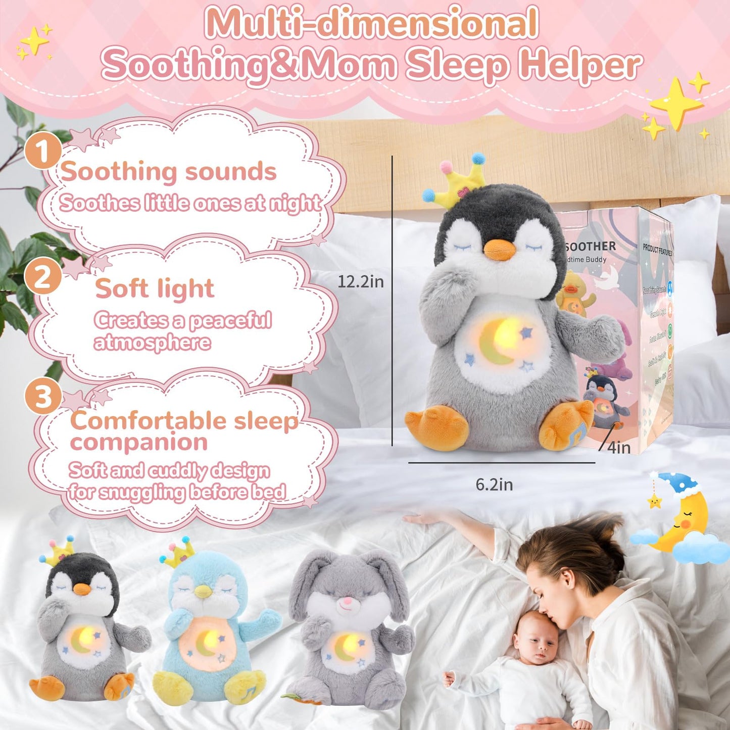 MILEGI Breathing Stuffed Animal, Soothe Snuggle Penguin & Bunny Plush, Sleep Buddy Soothing Breathing Plush for Anxiety Adults and Kids, Penguin Plushie with Realistic Breathing and Lights Music