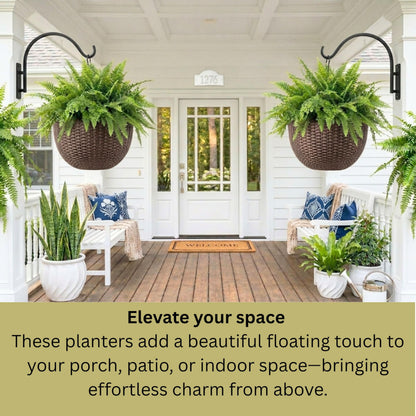 LaLaGreen Hanging Planters for Indoor Plants (11 Inch, 4 Pack) Brown Rattan Style Self-Watering Flower Pots with Water Level Indicator, Round Plastic Baskets with Metal Chain for Balcony, Porch Garden
