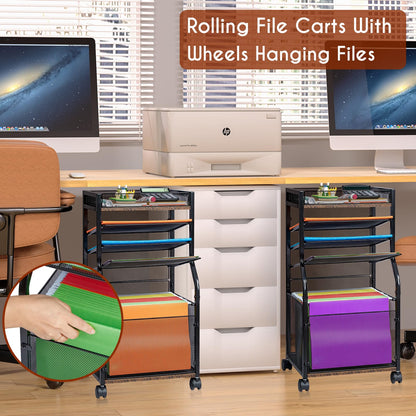 5-Tier Rolling File Cart with Lockable Wheels, Mobile Desk File Organizer Hanging File Folders Paper Letter Sliding Trays, Black Wood & Mesh Hanging Folder Drawer Organization for Office, Home, School