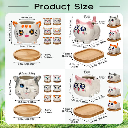 Cindeer 18 Pcs 2.5 Inch Cat Ceramic Succulent Planter Pots – Cute Cat Small Pots with Drainage Hole and Bamboo Tray for Succulents, Cactus, Home Garden Office Desk Decoration Gift Ideas
