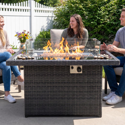 BULEXYARD PE Wicker 43" Patio Outdoor Propane Fire Pit Table with Waterproof Cover 55,000 BTU Auto-Ignition Gas Fire Pit Table with 8mm Tempered Glass Table Top and Glass Stone (Grey)