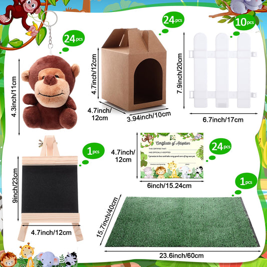 Blueweenly 84 Pcs Adopt a Pet Party Supplies 24 Mini Animals 10 White Plastic Fence 24 Paper Gift Boxes 24 Adoption Cards with Mini Chalkboard and Artificial Lawn(Safari Animals)