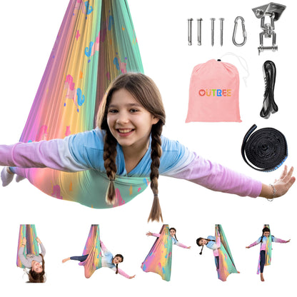 OUTREE Sensory Swing for Kids, Double Layer Therapy Hammock, Indoor Swing with 360° Swivel Hanger Kit and Adjustable Straps, Autism Sensory Product for Autism, ADHD (Unicorn Printed)