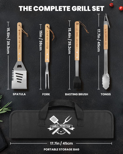 Coralogo 4PCS Grilling Accessories BBQ Tools - Stainless Steel Grill Set with Tongs, Fork, Spatula, Brush, Carrying Bag, Birthday for Men, Father, Husband