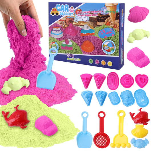 greenglo Kids Sensory Magic Sand Playset - 1.10 Lbs Color Sand Kit, 16 Pcs Molds (Cake/Dessert, car, sea Animal) & Tools, Ideal Sensory Bin for Boys & Girls Ages 3-8
