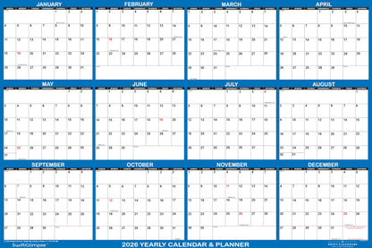 24" x 36" SwiftGlimpse 2026 Wall Calendar Erasable Large Wet & Dry Erase Laminated 12 Month Annual Yearly Wall Planner, Reversible, Horizontal/Vertical, Navy