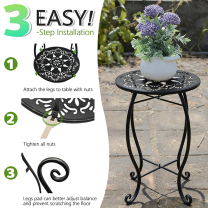 Arbuxzuy 3 Packs 17" Tall Round Metal Outdoor Side Tables for Patio, Decorative Black Flower Pot Stand, Rustproof Potted Holder, 120 lbs Load Capacity