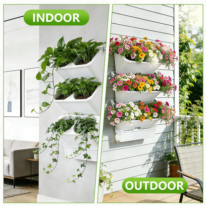 3-Tiers Vertical Wall-Mounted Planter with 6 Pots Vertical Garden Living Wall Planter Indoor Self-Watering Soil-Water Separation Stackable Plastic Planter for Herb Vegetable Flower Succulent (White)