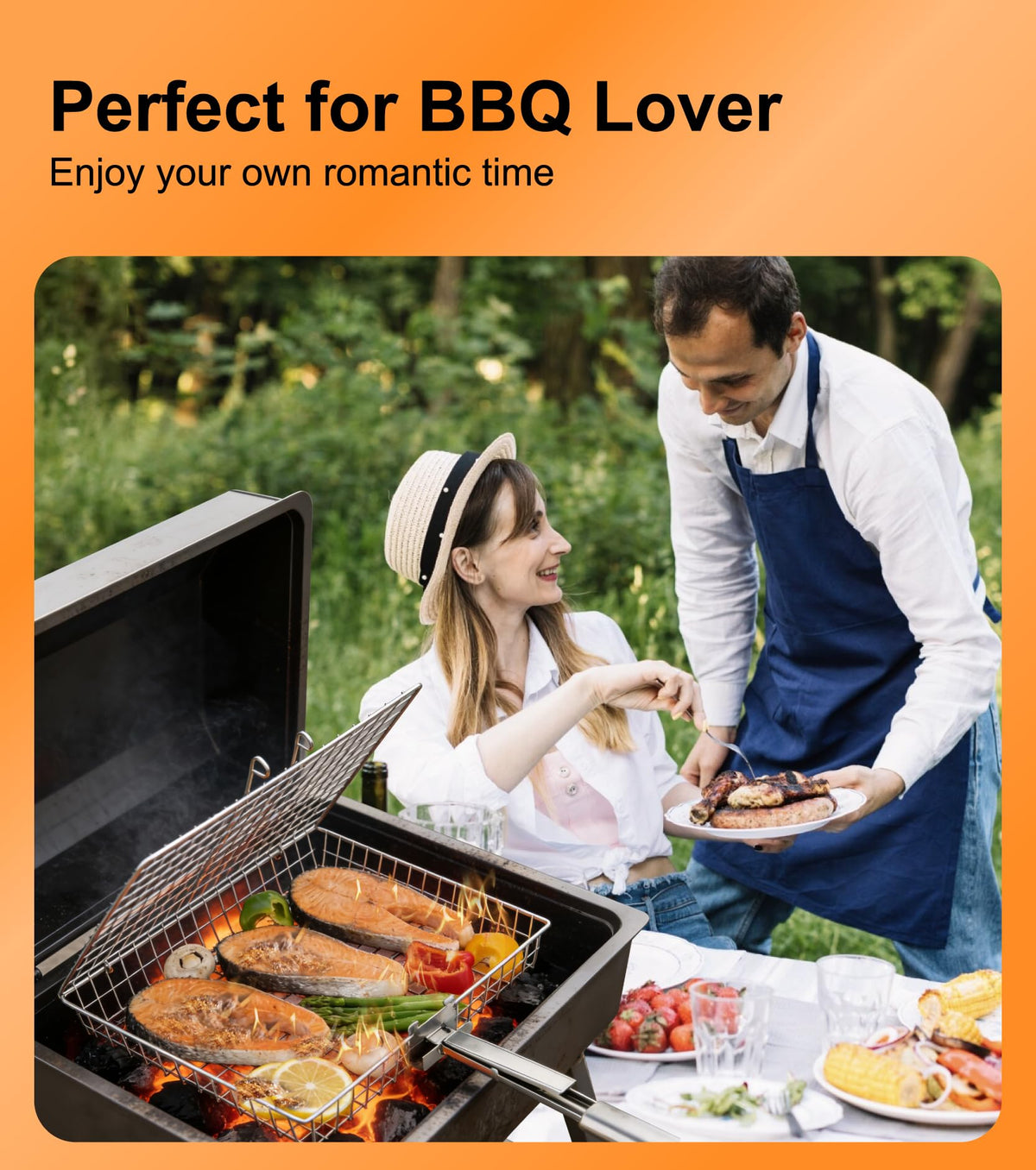 Grill Basket Set for Outdoor Grilling - Large Capacity Fish Grill Basket & Grilling Rack - Food Grade Stainless Steel Portable Flat Basket with Removable Handle for Vegetables, Shrimp & Camping (M+S)