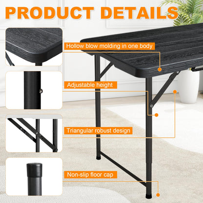 FROASISPRO 4ft Folding Table, Portable Fold-in-Half Adjustable Height Utility Table for Indoor/Outdoor Use, Durable HDPE & Steel, Stable & Lightweight, Multi-Purpose, Black Woodgrain