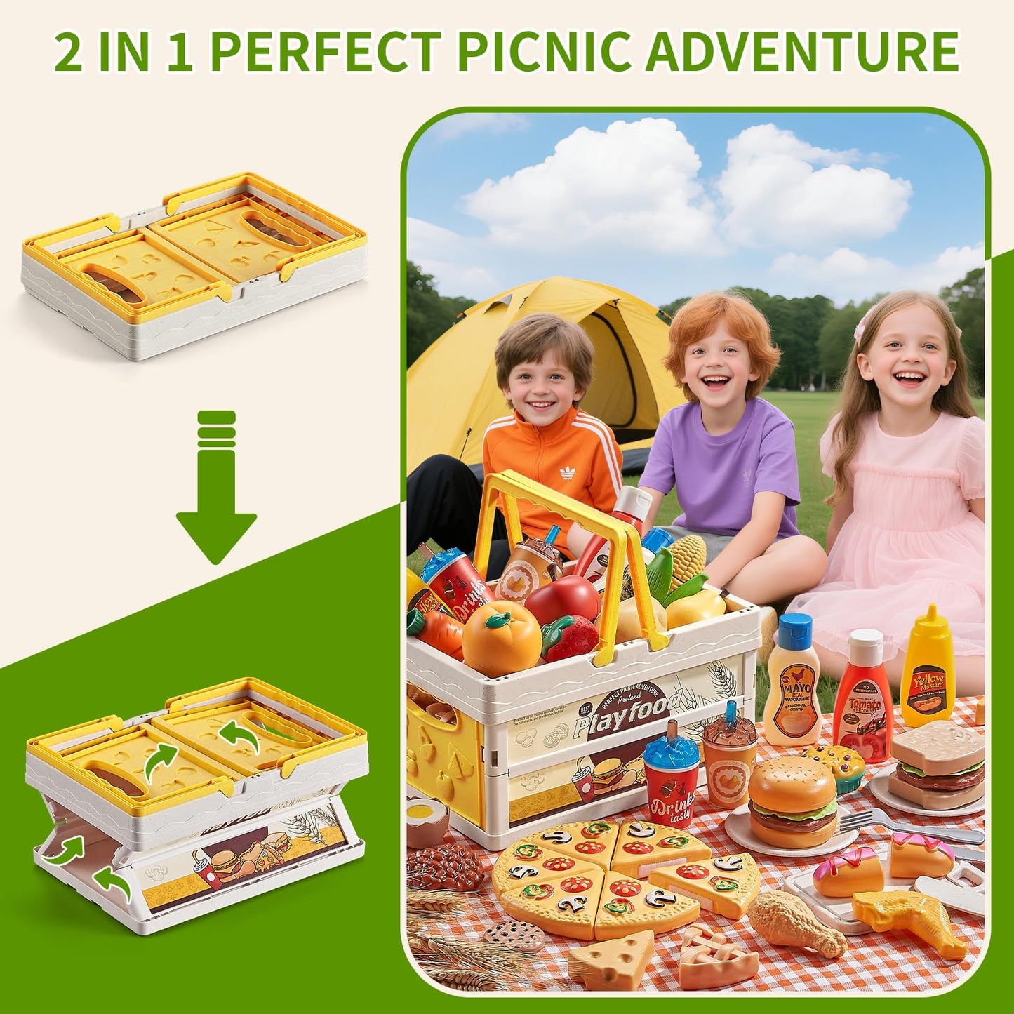 Play Food Sets for Kids Kitchen, Wheat Straw Pretend Food Toys with Kids Picnic Basket and Picnic Blanket, Cutting Toy Food, Fake Food with Pizza Toy, Play Kitchen Accessories, STEM Gift for Boy Girl