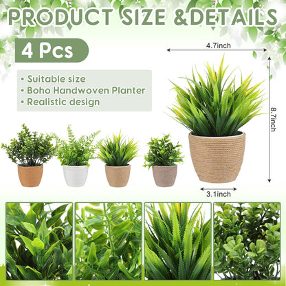 Suncalla 4 Pcs Small Woven Artificial Plants Boho Potted Fake Plants Mini Plastic Faux Eucalyptus 8.7" Greenery Indoor Farmhouse Bathroom Decor Pflanze Waterproof for Home Office Table Room Decor Gift