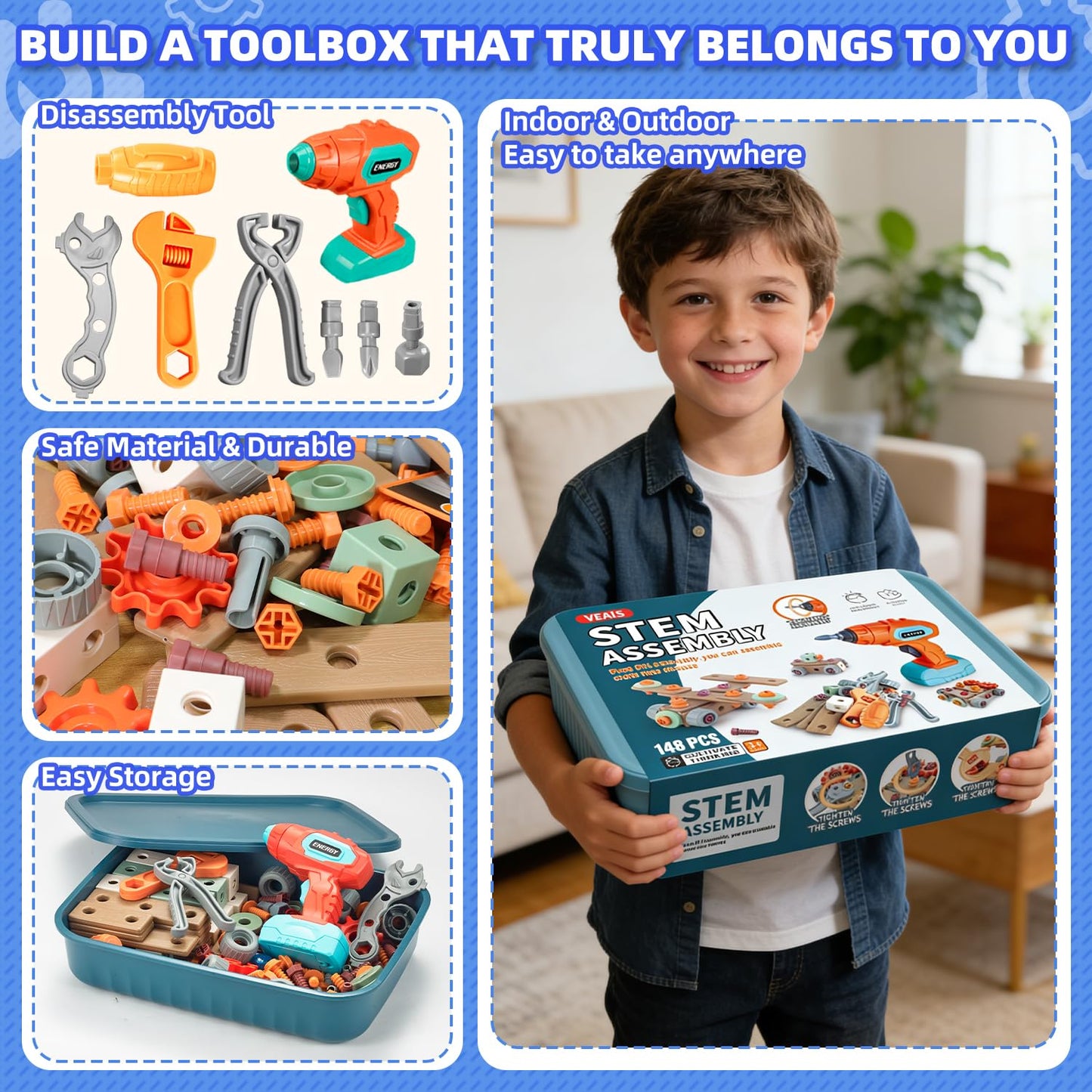 Kids Tool Set with Drill, 148Pcs Toddler Tool Set with Toolbox,STEM Montessori Toys for 3 -5Year Old, Educational Construction Toy, Pretend Play Toys for 3 4 5 6 Year Old Boys, Birthday Gift for Kids