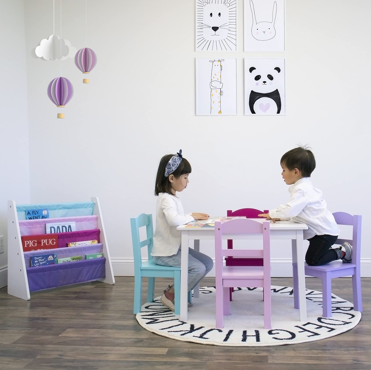 Humble Crew Kids Table and Chair Set, Toddler Activity Table with 4 Chairs for Play, Crafts, Snacks & Learning, Wooden Kids Furniture for Playroom & Bedroom, White/Pink/Purple/Aqua