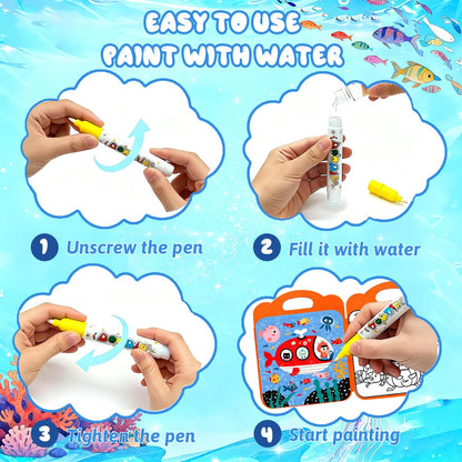 Usmfuie 3 Pcs Reusable Water Painting Book for Toddlers, Water Coloring Books for Kids, Paint with Water Books, Magic Water Color Paint Book with Pen, Water Doodle Book Travel Toys