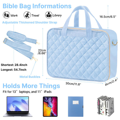 PUGPIU Bible Cover Case for Women, Large Quilted Bible Bag with Shoulder Strap and Handle, Bible Study Supplies Journaling Kit with Highlighters Pens No Bleed Tabs Notebook Cross Clips (Light Blue)