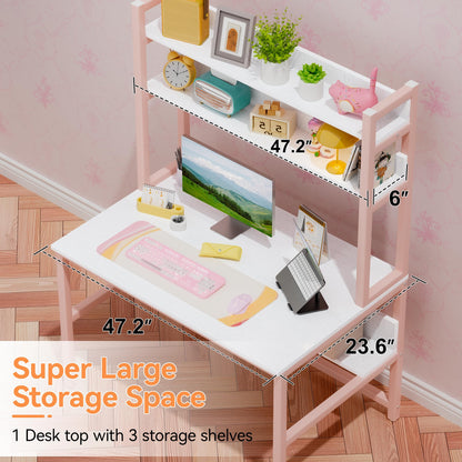 Aquzee Pink Desk Hutch, 47in Woman Computer Desk with Bookshelf & Storage Shelves, Space Saving Girls Writing Study Craft Table for Bedroom Kids Room, White Wood & Pink Iron Home Office Desks