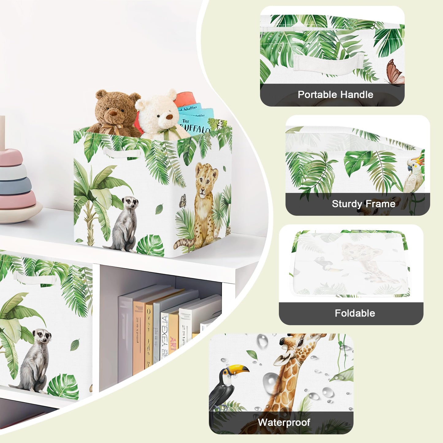 Clastyle Jungle Animals Kid Storage Cube Organizer Set Tropical Leaves Palms Giraffe Closet Clothes Cube Storage Bin Nursery Toddler Toy Box Chest Girl Boy Book Shelf Basket,Lion,11.8x11.8x11.8 in