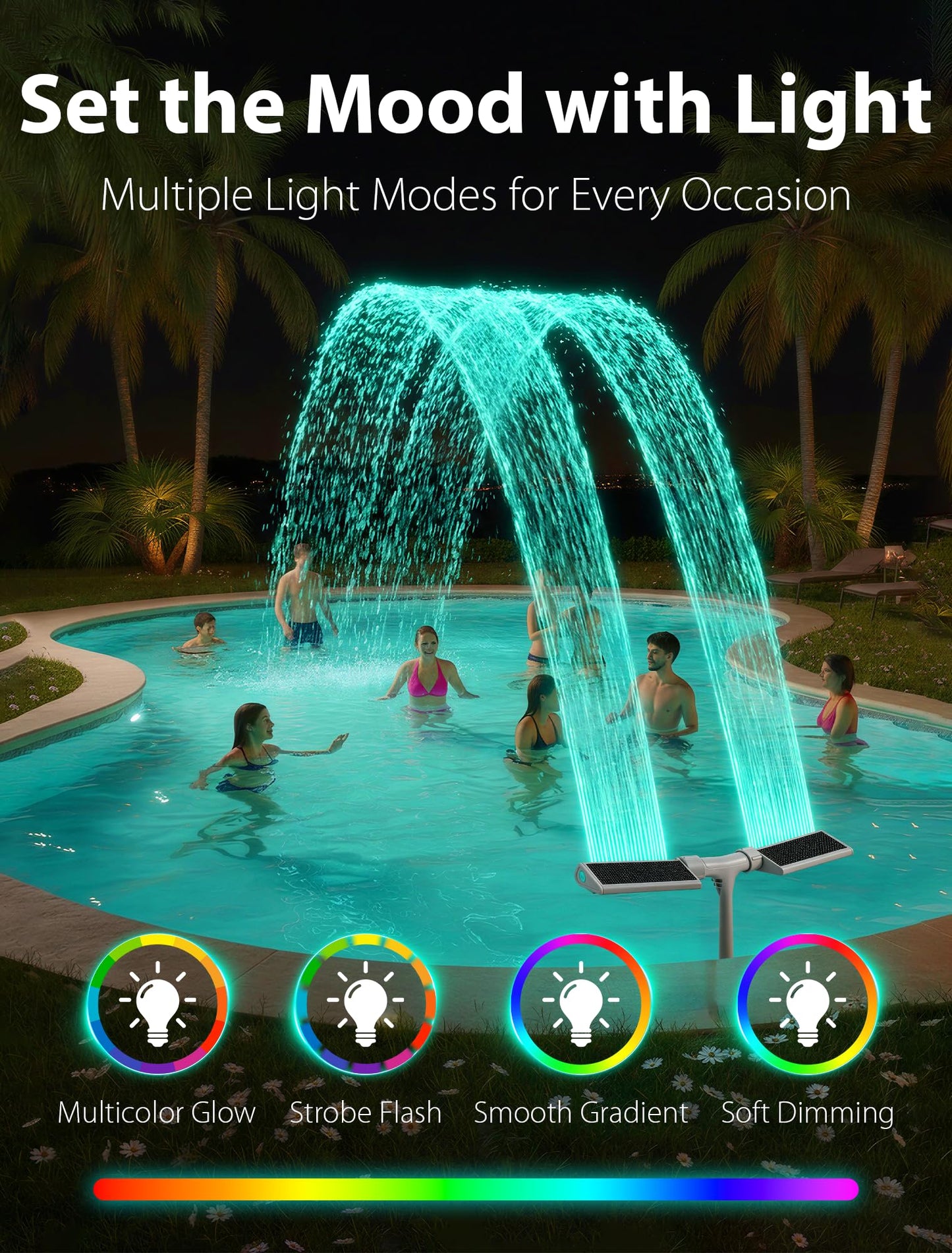 2026 Height Upgrade Solar Pool Fountain with 10-Color 4-Modes Lights, Dual Spray Waterfall Sprinkler 360° Adjustable, Compatible with Above & Inground Pools for Cooler Relaxation (White)