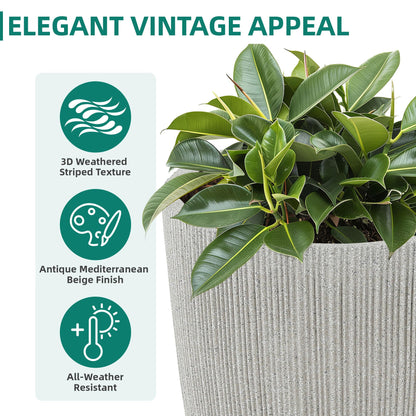 Ultym 19" Tall Planter for Indoor Outdoor Plants, Set of 2 Large Flower Pot with Drainage Hole, Weather/UV-Resistant Resin Planters for Garden Patio Porch Home office Decor, Mediterranean Beige Fluted