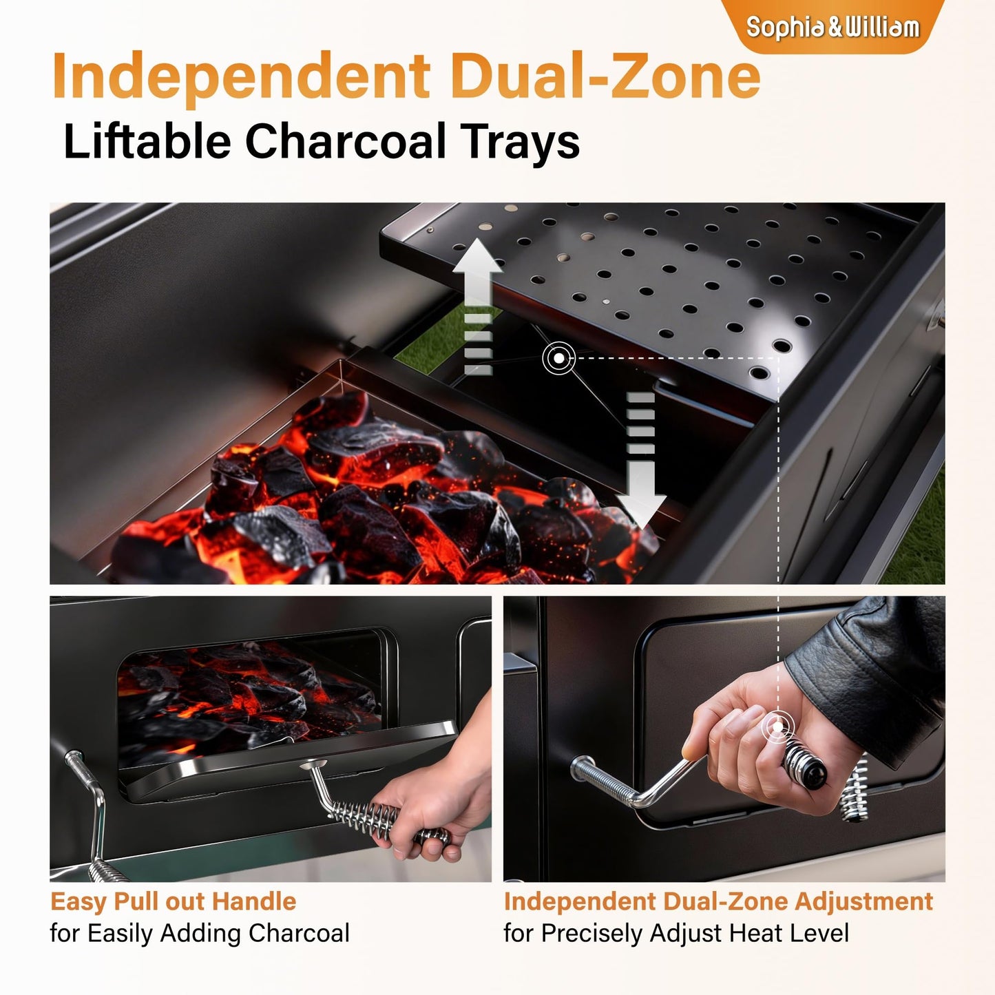 Sophia & William Extra Large BBQ Charcoal Grills and Offset Smoker,1015 SQ.IN. Cooking Area with Dual Lifting Charcoal Trays, Charcoal Barbecue Smoker Grill for Patio, Backyard Outdoor Cooking