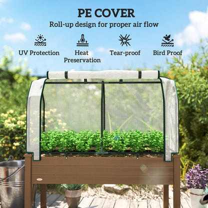Outsunny Raised Garden Bed with PE Greenhouse Cover Outdoor Elevated Wood Planter Box for Herbs and Vegetables, Use for Patio, Backyard, Balcony, 48 x 22 x 46 inch, Brown