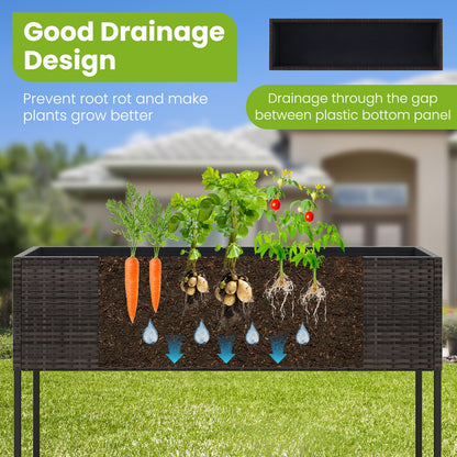 HAPPYGRILL Raised Garden Bed, Rattan Planter Raised Bed with Legs, Bottom Storage Shelf, Removable Liner, Drainage System, Wicker Elevated Planter Box w/Legs for Vegetables Flowers (40” x 12” x 28”)