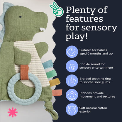 Itzy Ritzy - Bitzy Crinkle Sensory Toy Dinosaur with Crinkle Sound for Babies & Toddlers - Features Soft Braided Teething Ring & Textured Ribbons, Designed for Ages 0 Months and Up, Dinosaur
