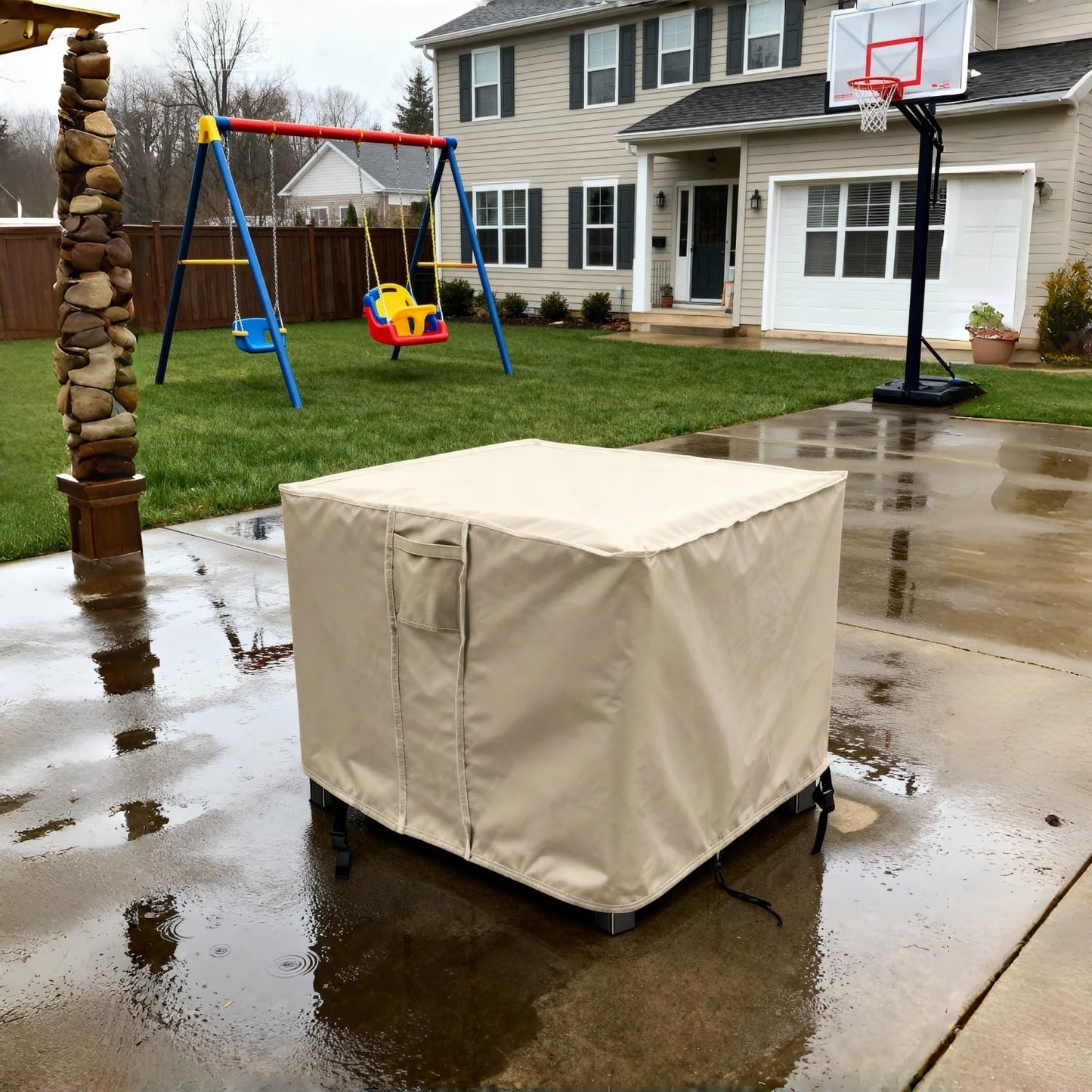 Saking Fire Pit Cover 38 Inch, Waterproof Heavy Duty 600D Square Firepit Covers Gas Fireplace Fire Pit Table Cover for Propane Fire Pit - 38 x 38 x 28 Inch (Beige)
