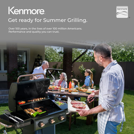 Kenmore 3-Burner Gas Grill | Foldable Side Tables, Cast Iron Cooking Grates, Warming Rack, Hooks for BBQ Grilling Tools, Propane Gas Barbecue Grill, 30,000 BTUs, Black with Copper Accent