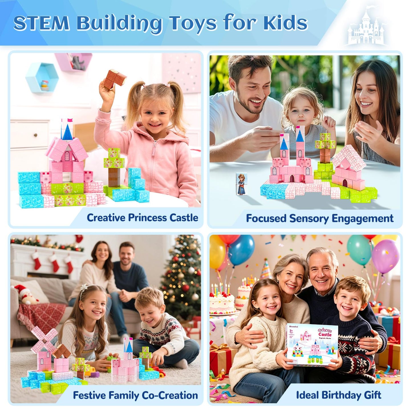 Hiwawind Updated Princess Magnetic Blocks for Girls, Princess Castle Magnetic Building Toys, STEM Montessori Sensory Toys for Toddlers 3-4 5-6 7-8, Creative Birthday Gifts for 3+ Year Old Girl