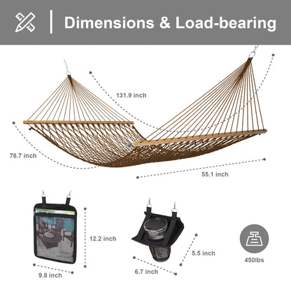 SUNCREAT Portable 2 Person Hammock with Carrying Bag, Tree Hooks, Magazine Bag, Bottle Holder, Heavy Duty Hanging Tree Hammock, Brown