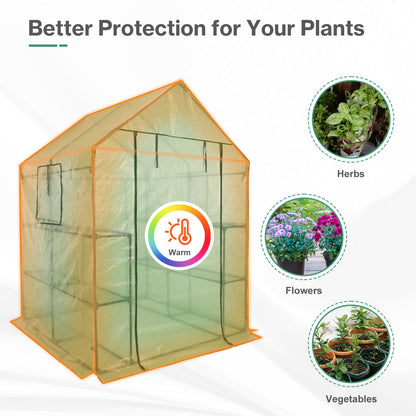 Aoodor Walk-in Greenhouse with 8 Shelves, 4.7 × 4.7 × 6.4 ft Outdoor Garden Plant House with PE Cover for Growing Vegetables, Flowers, Herbs