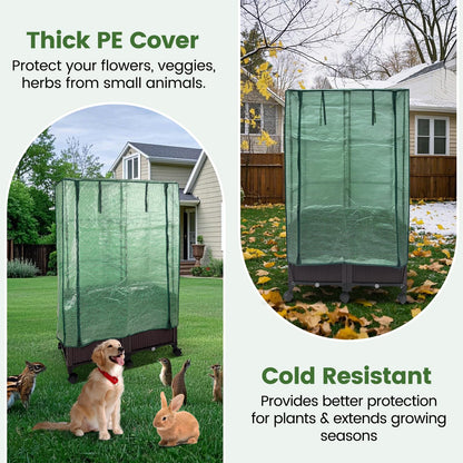 MAYOLIAH 3-in-1 Raised Garden Bed Large Planter Box with Trellis & Cover on Wheels Plastic Tomato Planter with Greenhouse for Deep Rooted & Climbing Plants 31.5x15.7x53-inch Brown