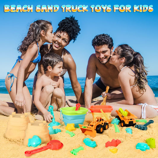 HUITEM Beach Sand Toys for Kids, 29PCS Sandbox Toys with 2 Collapsible Bucket Sand, 2 Dump Truck, Dinosaur Molds, Castle Building Kit, Shovel Sieve,Flags,Mesh Bag Travel Beach Toys for Toddler 3-10