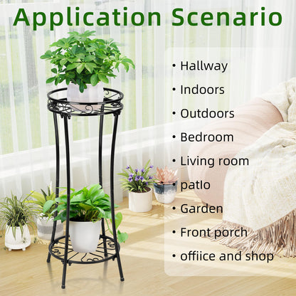 Plant Stand Indoor Outdoor 2 Tier 29" Tall Metal Heavy Duty Rustproof Plant Shelf, Round Multi Tier Flower Pot Holder for Garden Patio Balcony Black set of 2