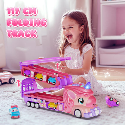 Hot Bee Girls Toy Car Set with Unicorn Toys Truck - 6 Princess Cars & 2-Player Fold Out Track with Light & Sound - Friction Power Car Toys Birthday Gifts for 3, 4, 5, 6, 7 Year Old Toddler Girl