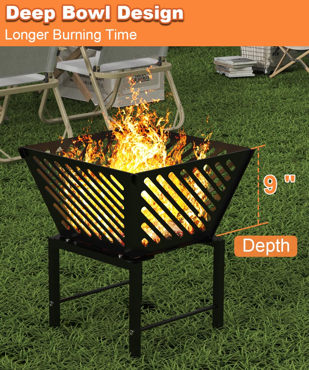 Mondazie Outdoor Fire Pit — 17 Inch Portable with Storage Bag for Camping, Patio Heating, Picnic and BBQ, Trapezoid Diagonal Hollow, Black