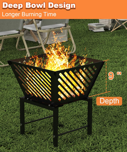 Mondazie Outdoor Fire Pit — 17 Inch Portable with Storage Bag for Camping, Patio Heating, Picnic and BBQ, Trapezoid Diagonal Hollow, Black