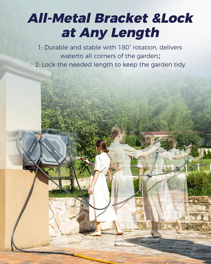 Retractable Garden Hose Reel, 5/8 in x 130ft Heavy Duty Wall Mount Water Hose Reel with Metal Bracket & 9-Pattern Metal Nozzle, Any Length Lock, Slow Retraction and 180° Swivel