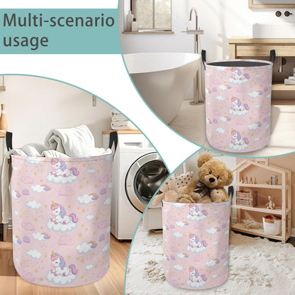 Cute Pink Unicorn Round Laundry Hamper Storage Basket Toys Clothes Organizer Bin For Home Bathroom Bedroom Dorm Nursery