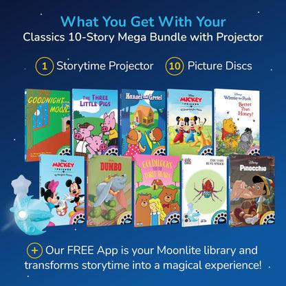 Moonlite Classics 10-Story Mega Bundle with the Moonlite Projector & 10 Single Stories Including World of Eric Carle, Disney, Fairy Tales & Children's Timeless Storybook Classics for Ages 1-6