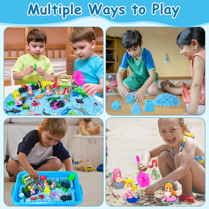 Bloolilies Sensory Bin, 57Pcs Ocean Mermaid Sensory Bins for Toddlers Sand Art Kit Sea Animals Molds Sandbox with Cover, Kids Play Sand Toys Playsand Birthday Gift for Boys Girls 3-5 6 7 8
