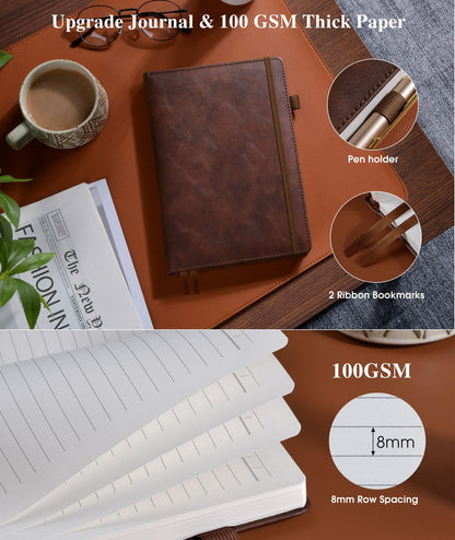 Lined Leather Journal Notebook for Men Women, Hardcover Journals with 256 Numbered Pages, A5 Journaling Notebooks for Writing, 100GSM Thick Ruled Paper for Business Work School 5.75"×8.38", Brown
