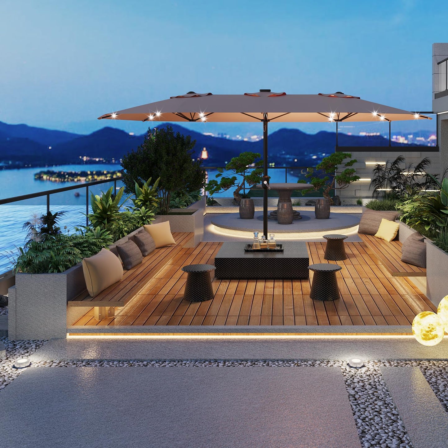 GarveeTech 15FT Solar Patio Umbrella with 36 LED Lights, Weighted Base Included, Tilt and Crank Market Umbrella for Backyard, Garden, Deck, Pool, Beach, Beige